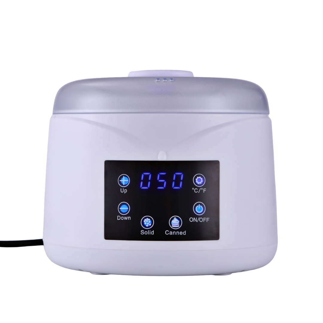 White 500g wax warmer with white lid, digital display and variable temperature settings.  