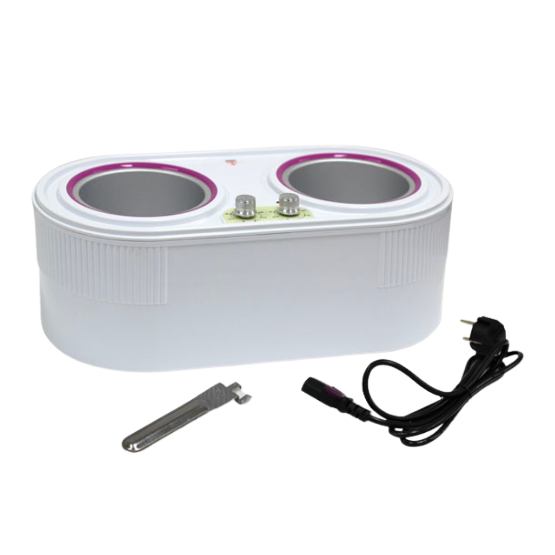 Q012A 800g 500g Dual Wax Warmer Heater | A white double-bowl wax heater warmer pot with two stainless steel bowls, shown with its power cord and a metal accessory on a plain white background.