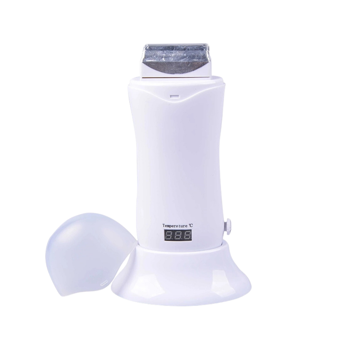 A white electric roller wax heater with its matching translucent protective cap resting beside it on a clean white background.