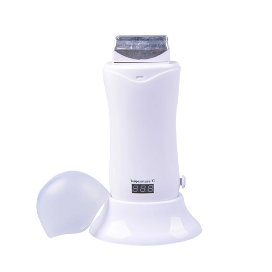 A white electric roller wax heater with its matching translucent protective cap resting beside it on a clean white background.