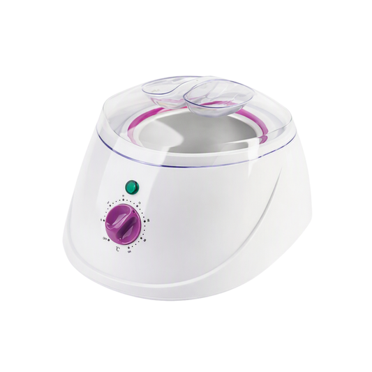 A white electric wax warmer with a clear plastic lid, a purple rotary dial control, and a small green indicator light, shown on a solid white background.