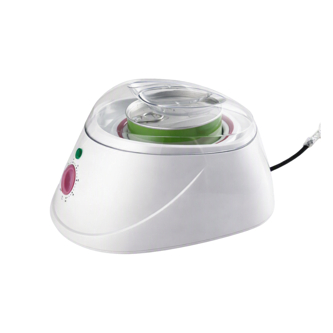 A white electric wax warmer with a clear plastic lid, a purple rotary dial control, and a small green indicator light, shown on a solid white background.