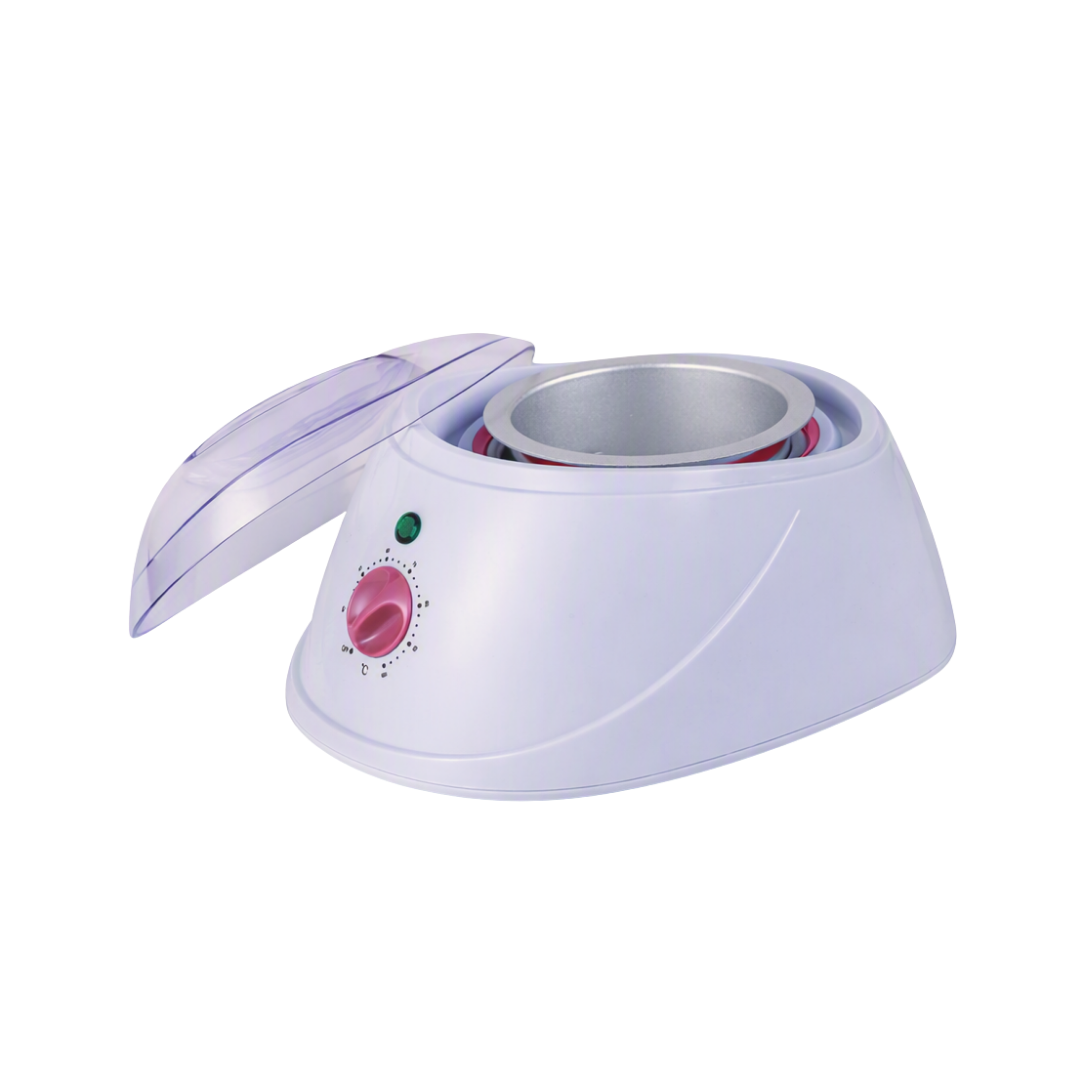 A waxing warmer with a light lavender plastic body, a silver metal bowl, a translucent purple lid, and a pink rotary dial on the front.