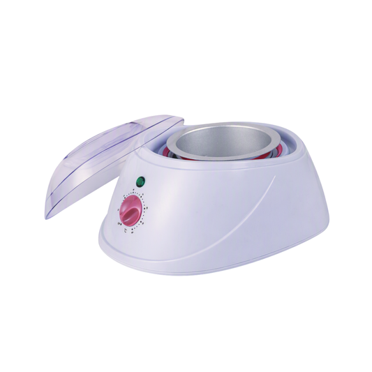 A waxing warmer with a light lavender plastic body, a silver metal bowl, a translucent purple lid, and a pink rotary dial on the front.
