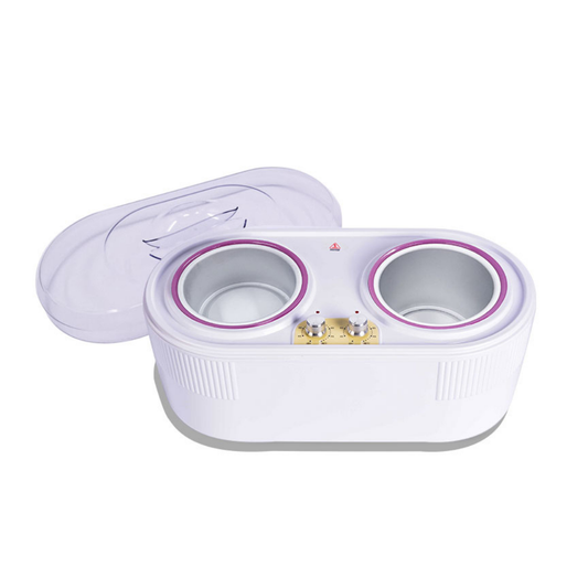 A white double-bowl electric wax heating device with a translucent clear lid, shown on a solid white background.