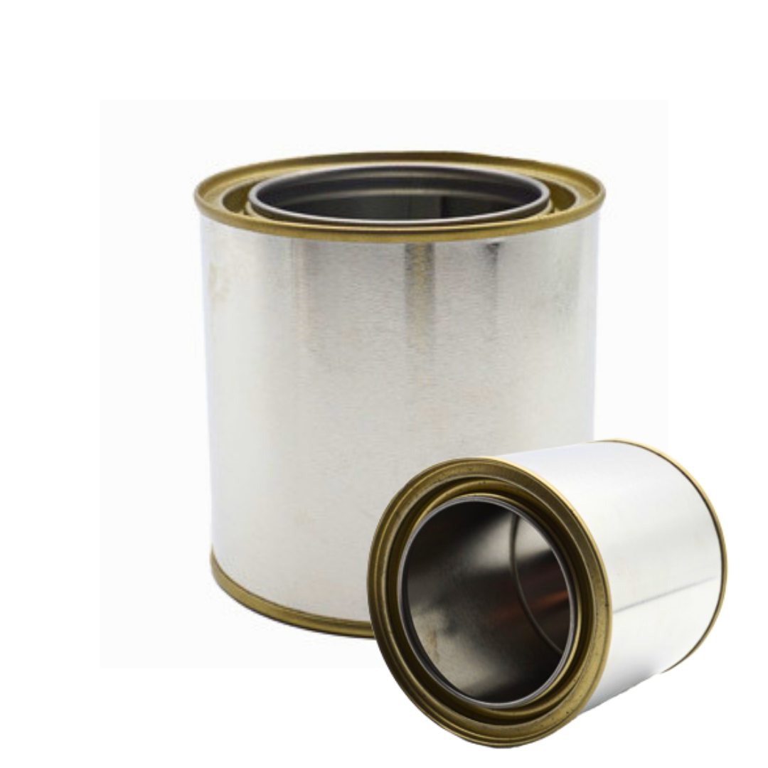 Two metallic silver cylindrical wax heating cans with gold-toned rims, one standing upright and the other lying on its side, shown on a plain white background.
