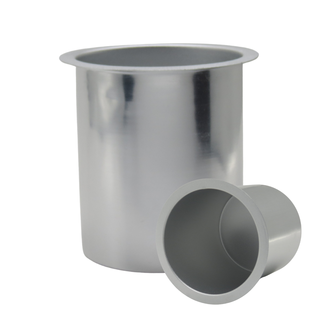 Two metallic silver cylindrical hot or film wax holders, one standing upright and one lying on its side, shown on a plain white background.