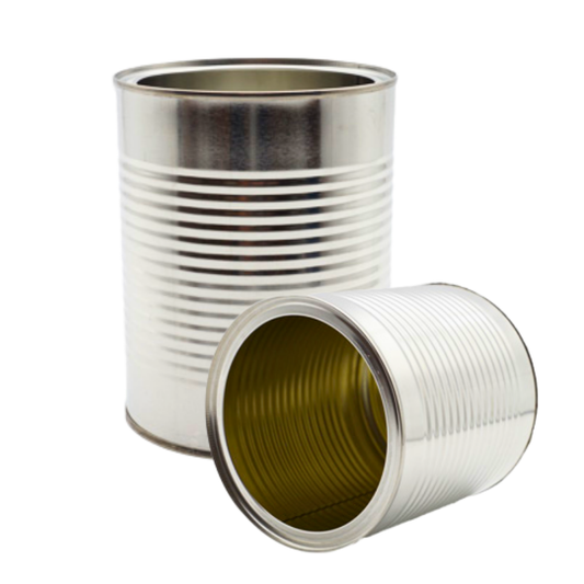 Two empty 800g metal wax tin cans with ribbed sides, one standing upright and the other lying on its side, showing the reflective silver exterior and gold-toned interior, set against a plain white background.