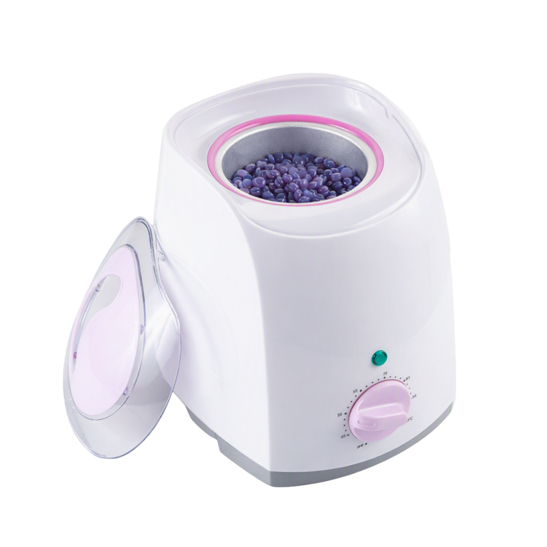 A white waxing warmer with a pink control dial and a clear lid, shown on a white background with wax beads visible in the container.