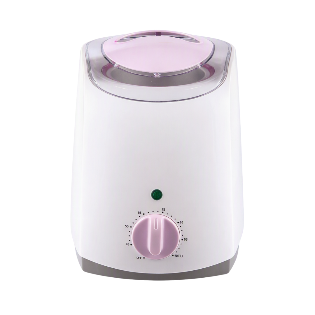 A white waxing warmer with a pink control dial and a clear lid, shown on a white background 