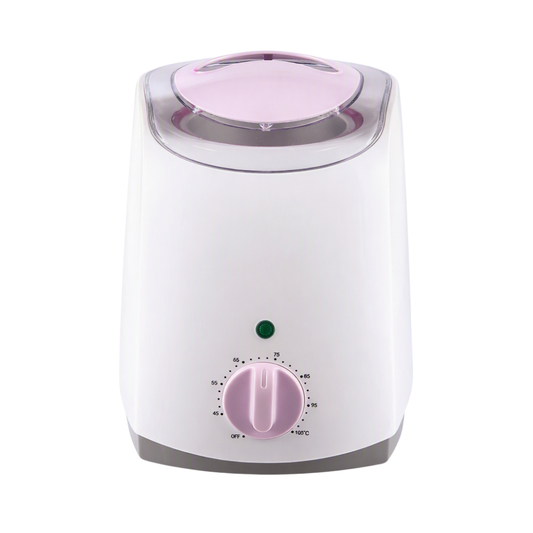 A white waxing warmer with a pink control dial and a clear lid, shown on a white background 