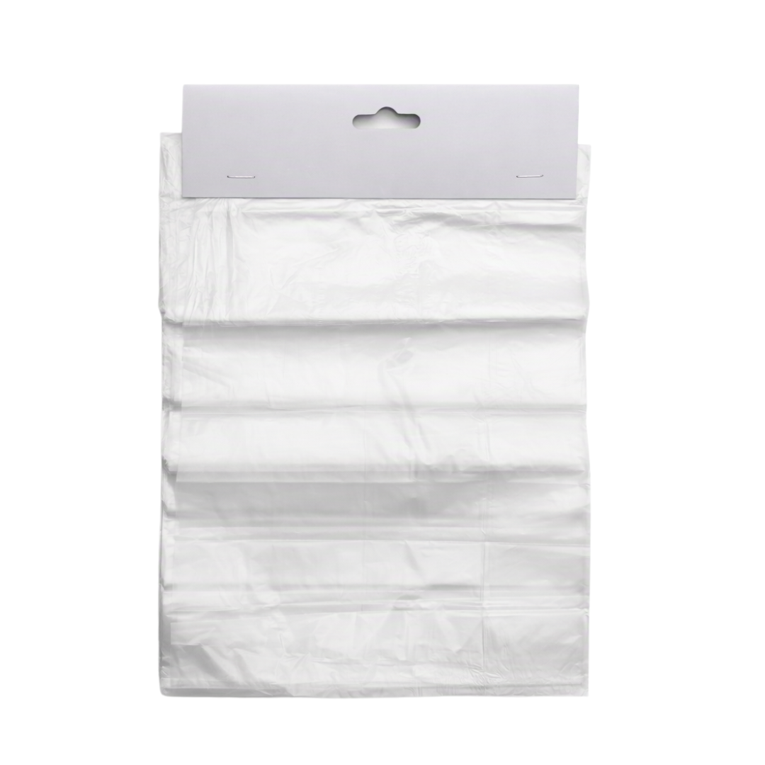 A stack of plain white plastic bags with a white cardboard hanger insert at the top, shown against a solid white background.