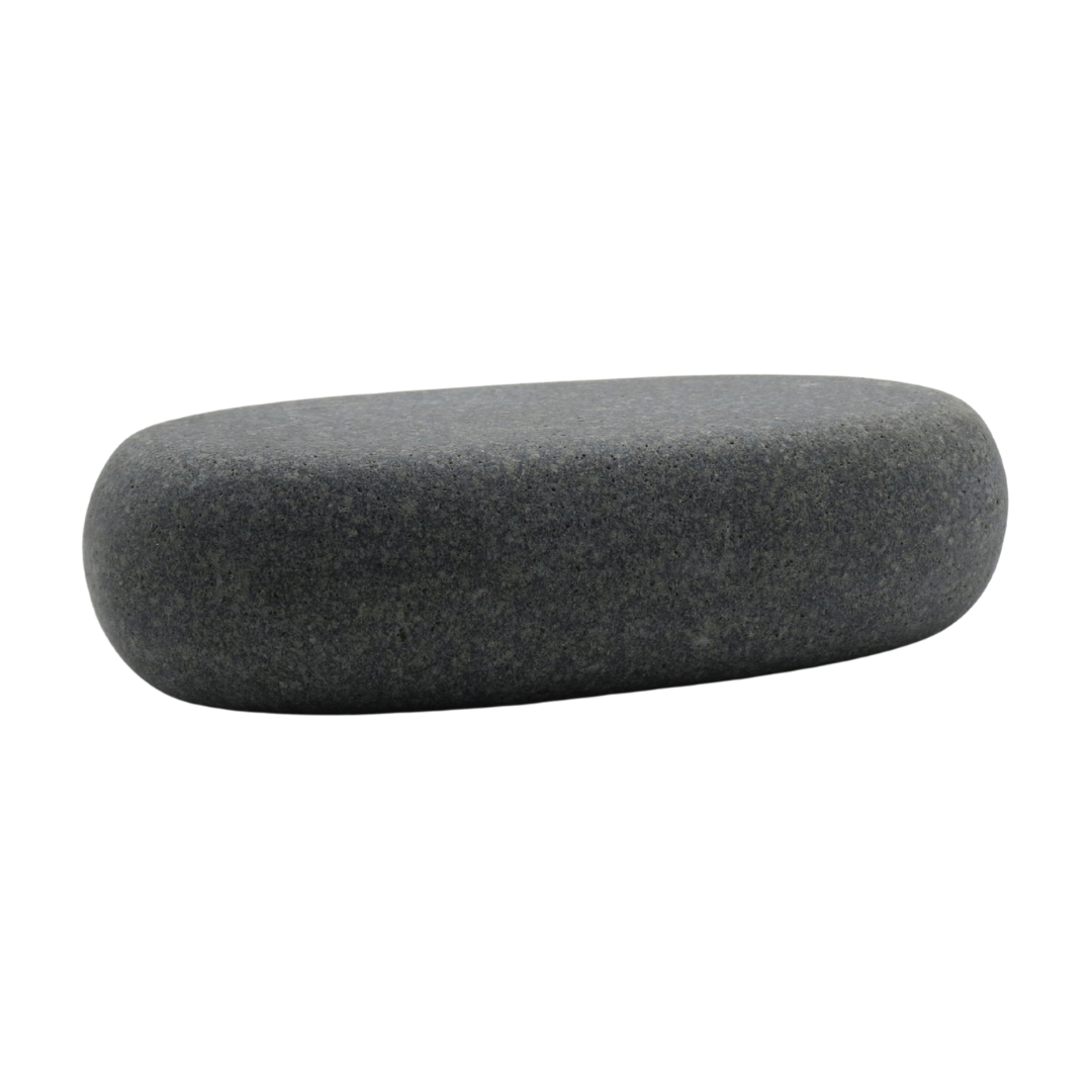 A smooth, rounded black hot massage stone on a plain white background.