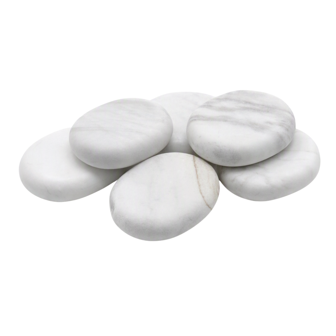 Six smooth white polished stones with subtle gray veining, arranged in a pile on a solid white background.