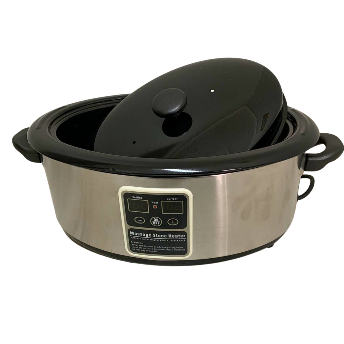 A stainless steel hot stone heating unit with a black lid, featuring a digital temperature display and control panel on the front.