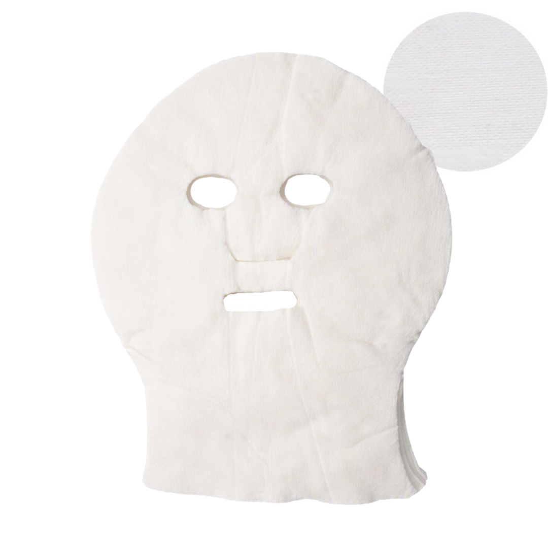 A white cotton sheet mask with eye, nose, and mouth cutouts, shown on a plain white background with a small circular inset detail of the fabric texture.
