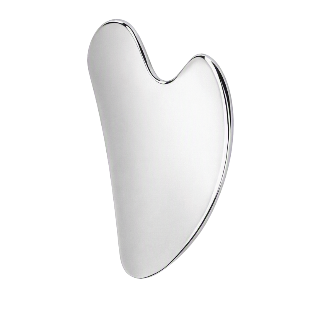 A polished stainless steel gua sha facial massage tool with a smooth, curved, bone-shaped surface, shown on a solid white background.
