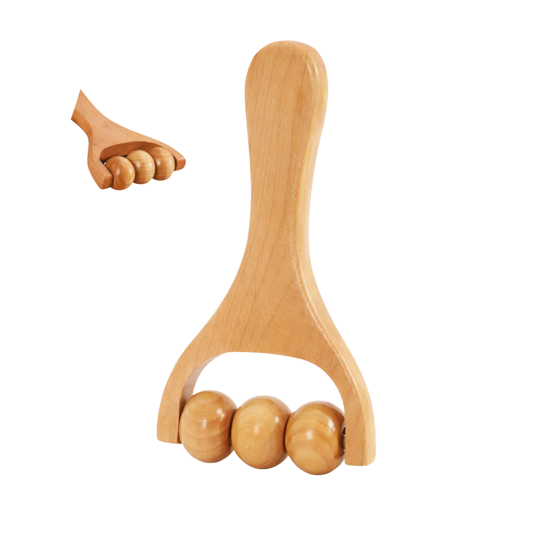 A wooden ball massage roller with a natural light wood handle and three round wooden beads, shown on a plain white background with a small inset demonstrating the foot grip.