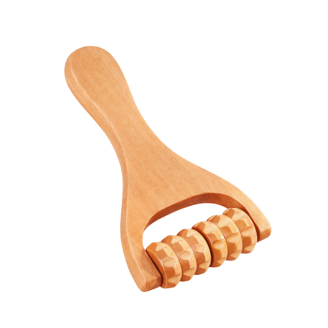 A light natural wood massage roller tool with a curved handle and five textured cylindrical rollers, shown on a plain white background.
