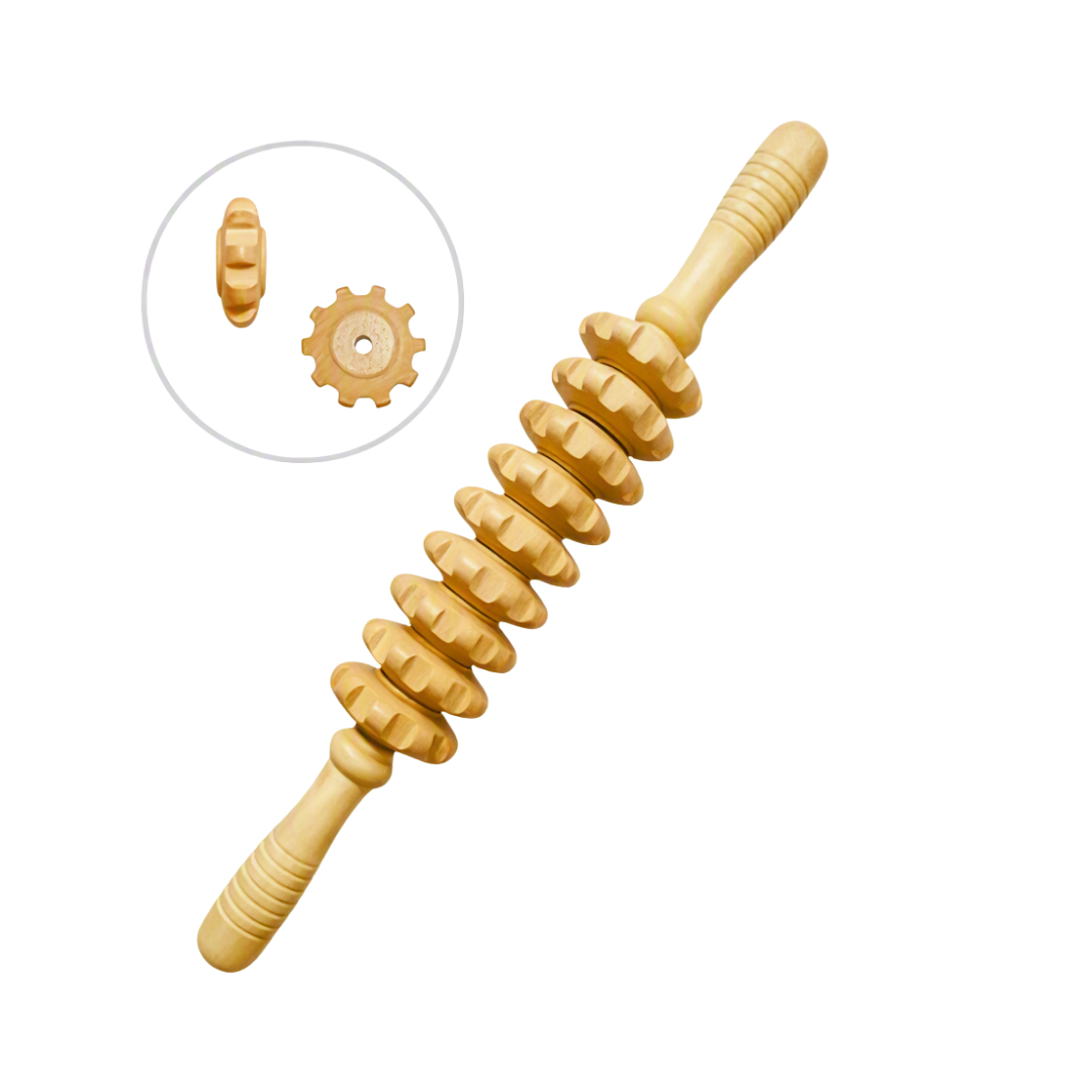 A wooden massage roller with textured handles and a segmented, ribbed body, shown on a white background with a circular inset detail of the end piece.