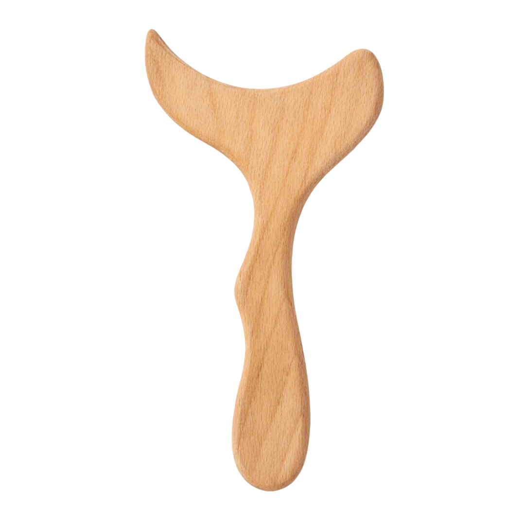 A light natural wood body gua sha paddle or fishtail massage tool with a smooth grain, shown against a solid white background.