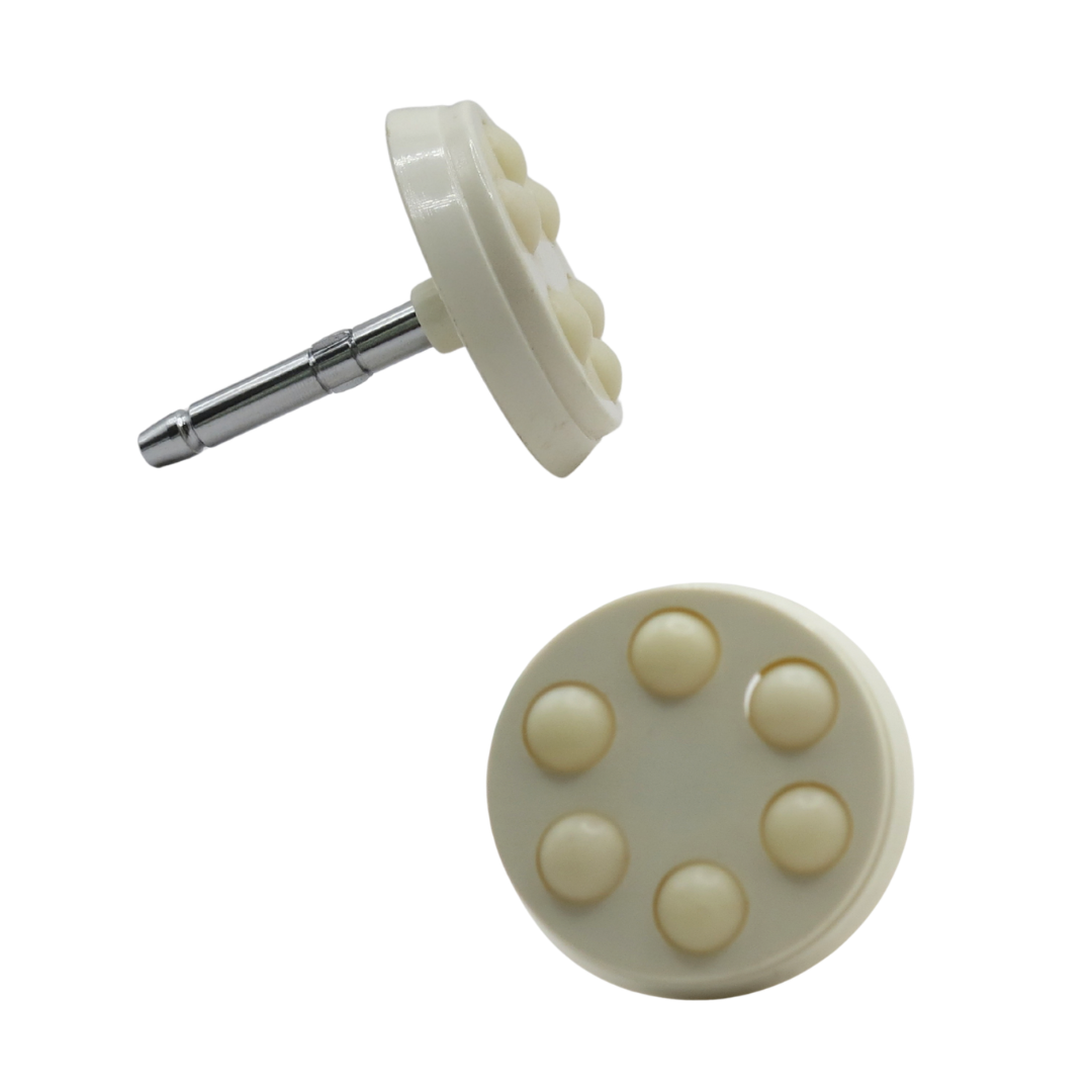 An off-white plastic 6-ball frimator attachment head with a silver metal pin, shown from two angles on a white background.