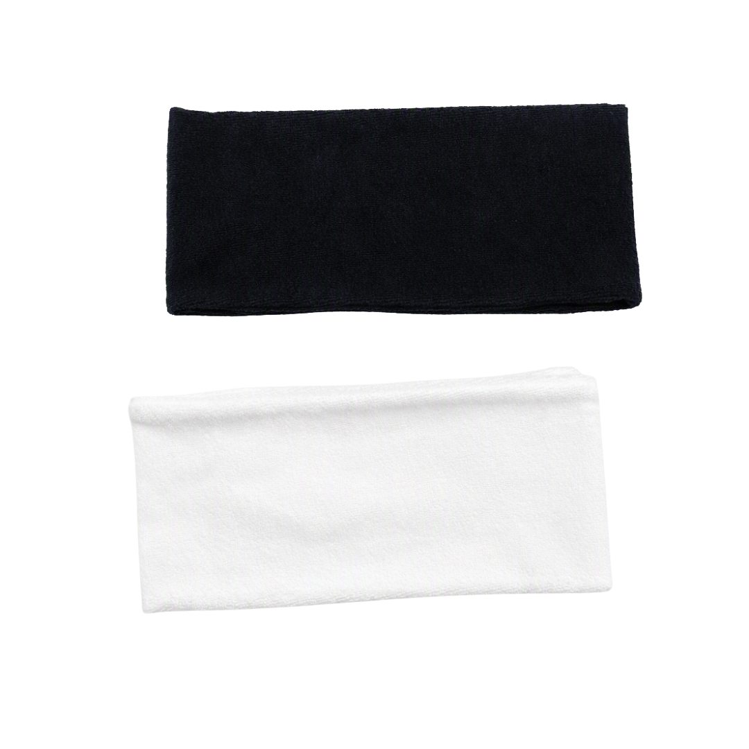 Two fabric headbands, one solid black and one solid white, displayed horizontally on a plain white background.