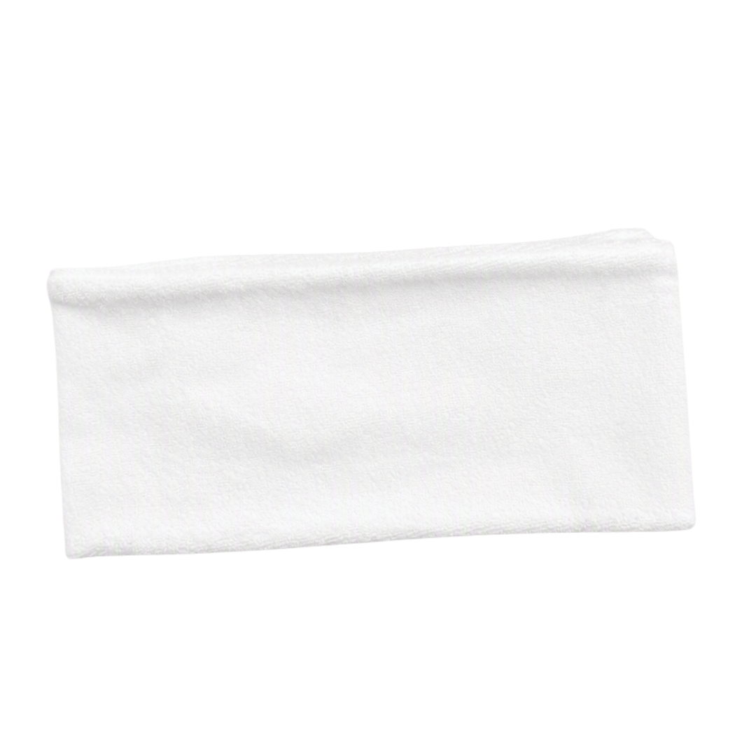 A folded white fabric headband or hair wrap made of soft, textured terry cloth, shown against a plain white background.