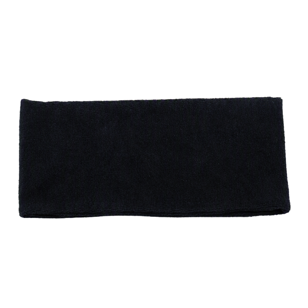 A black rectangular fabric headband or sweatband made of soft terry cloth, shown flat against a plain white background.