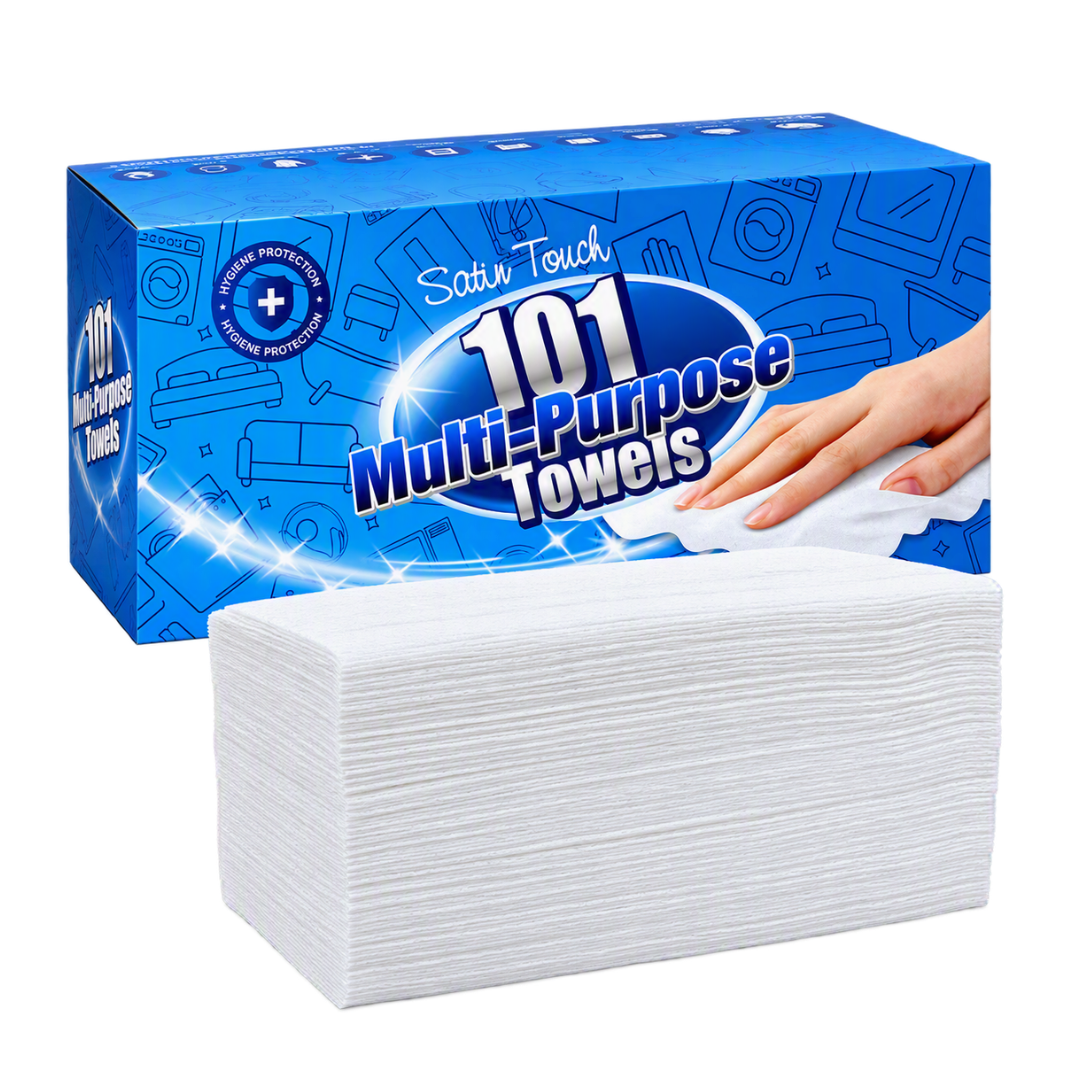 A pack of 101 Multi-Purpose Towels with a blue retail box and a stack of white folded paper towels in front, shown on a plain white background.