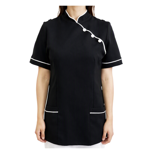 A black short-sleeve tunic-style top with white piping trim and white decorative buttons along the diagonal neckline, shown on a model against a plain white background.