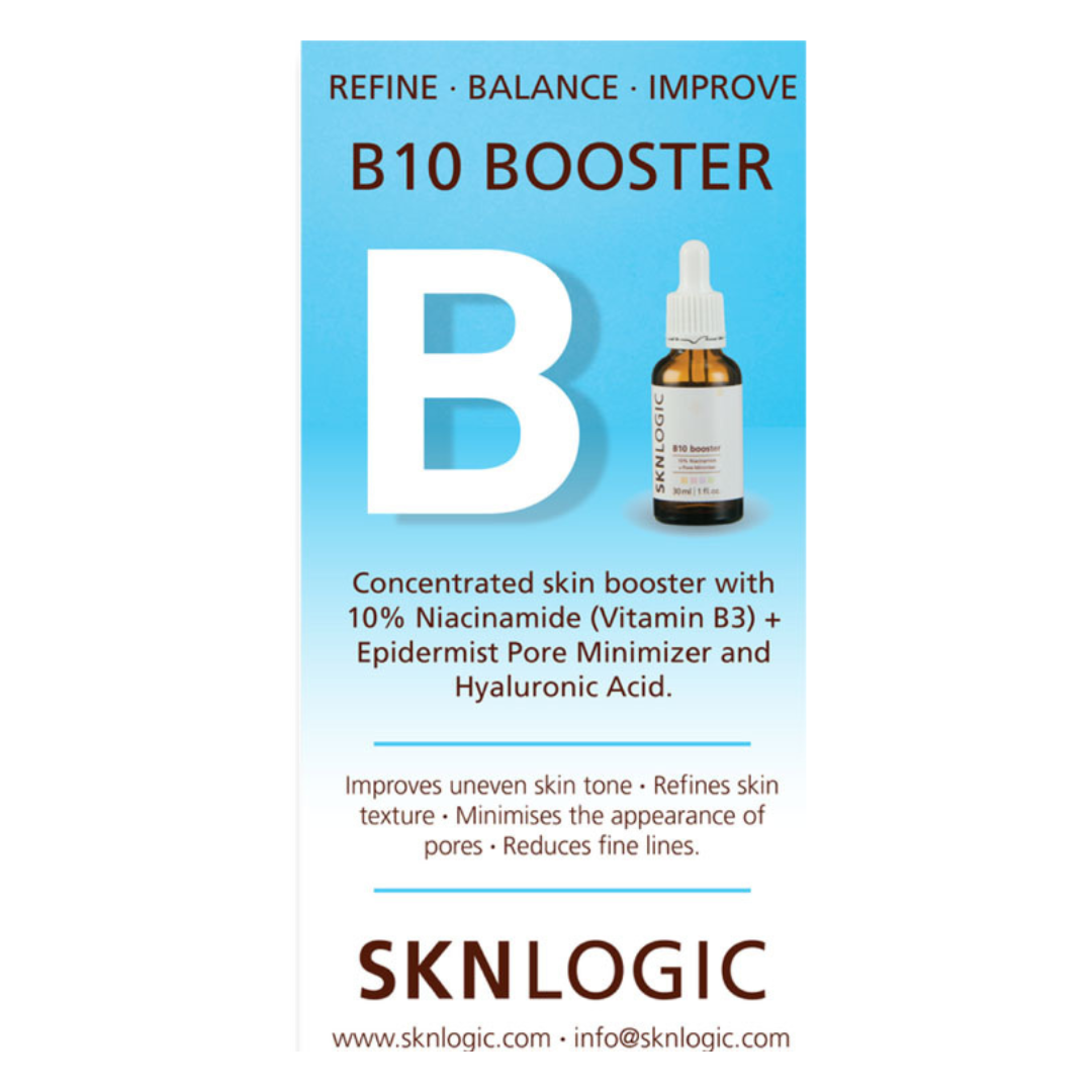 SKN150B SKNLOGIC B10 booster Retail Information Display Card |  A vertical product card for SKNLOGIC B10Booster, featuring a bright blue and white design with text detailing the concentrated skin booster ingredients and benefits, alongside a small graphic of the amber dropper bottle