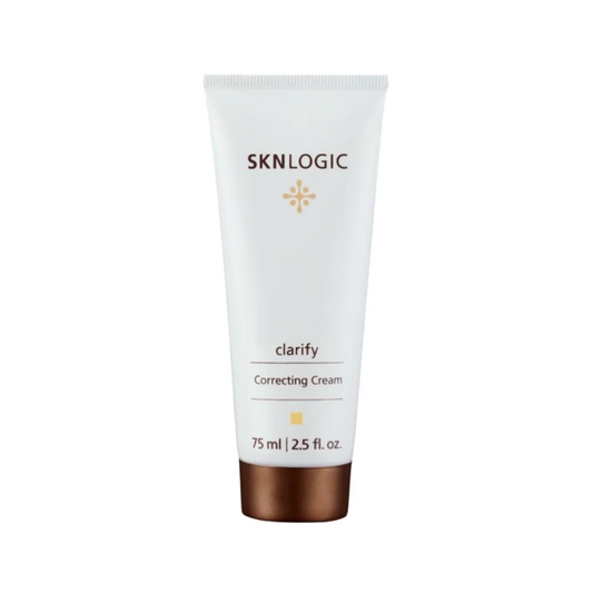 SKN014 SKNLOGIC Clarify Cream 75ml | A white squeeze tube of SKNLOGIC Clarify Correcting Cream with a metallic bronze cap, shown on a plain white background.