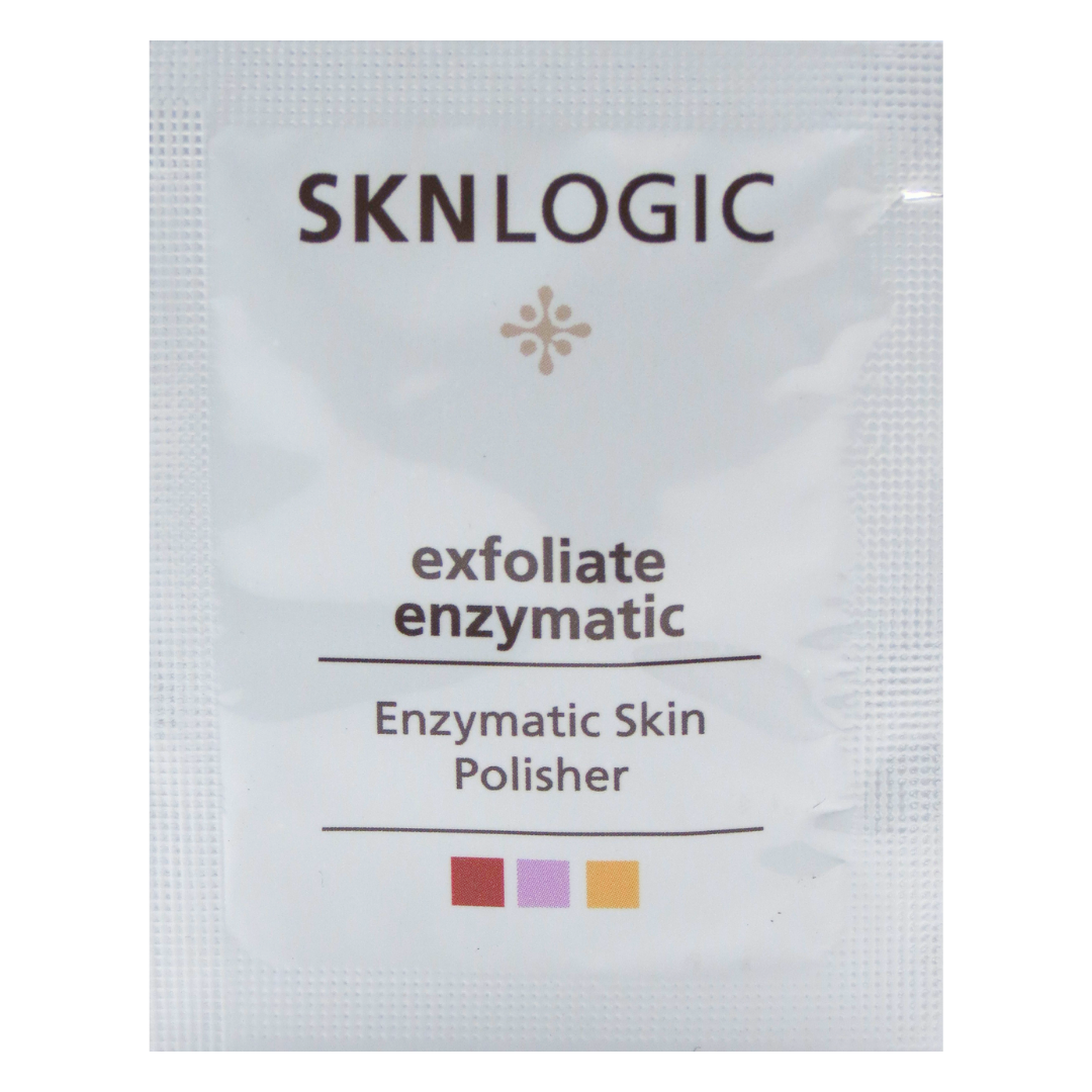 A single SKNLOGIC exfoliate enzymatic Enzymatic Skin Polisher packet on a plain white background.