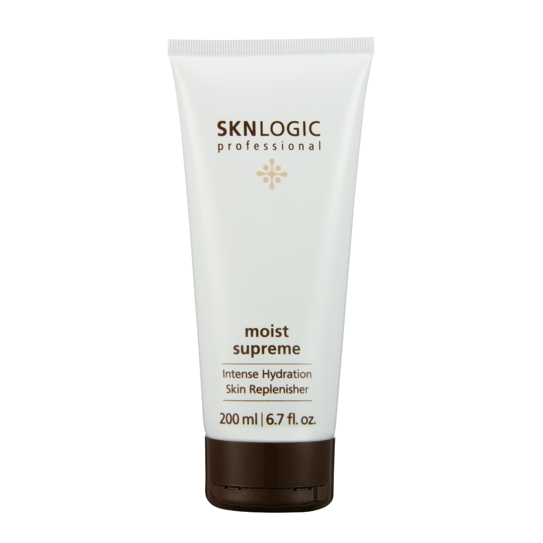 SKN027 SKNLOGIC Moist Supreme Intense Hydration Skin Moisturizer 200ml |A 200 ml white squeeze tube of SKNLOGIC Professional Moist Supreme Intense Hydration Skin Replenisher with a dark brown cap, shown on a plain white background.