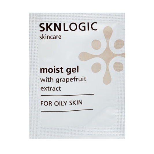A sachet of SKNLOGIC moist gel with grapefruit extract