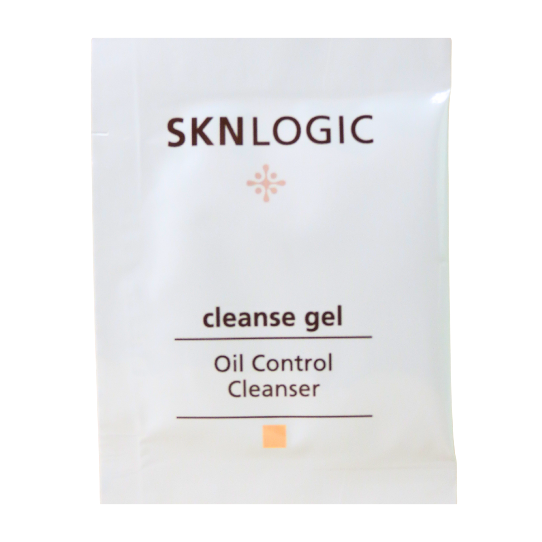 A single-use skincare packet of SKNLOGIC Cleanse Gel Oil Control Cleanser, featuring a white pouch with brown text and a small peach accent icon.