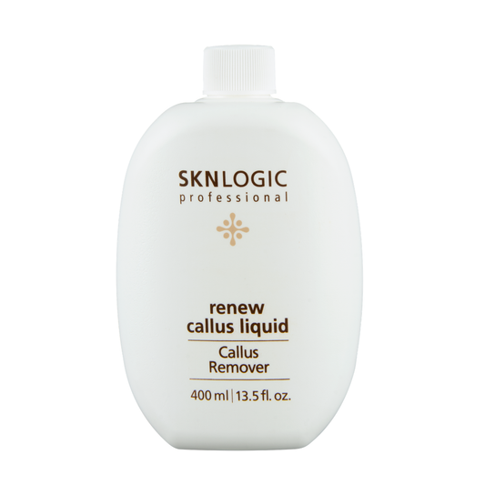 SKN073 SKNLOGIC Renew Callus Remover 400ml for Removal of thick dead Skin on Feet | A white bottle of SKNLOGIC Professional Renew Callus Liquid Callus Remover, 400 ml, on a solid white background.