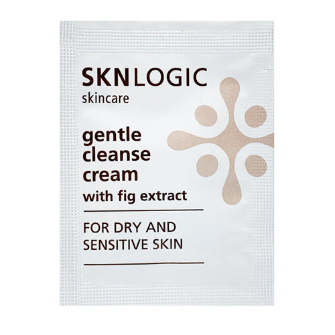 SKN086 SKNLOGIC Gentle Cleanse Cream Sample Sachet | A single SKNLOGIC skincare packet for gentle cleanse cream with fig extract, designed for dry and sensitive skin. The white packet features dark brown text and a light beige abstract flower-like graphic on the right side.