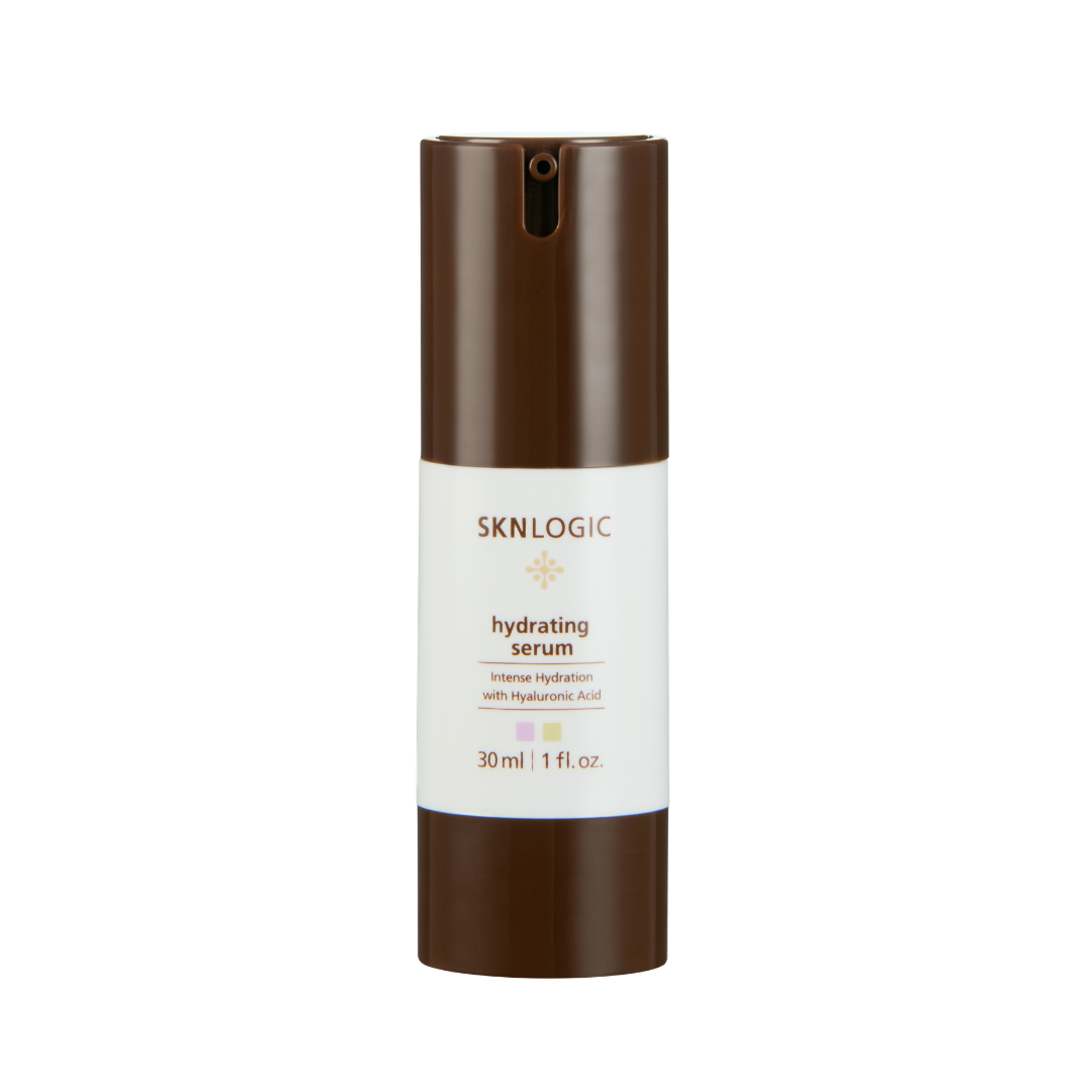 SKN087 SKNLOGIC Hydrating Serum with Hyaluronic Acid for Dry Ageing Skin 30ml| A white and brown pump bottle of SKNLOGIC hydrating serum, with brown text and logo, on a plain white background.
