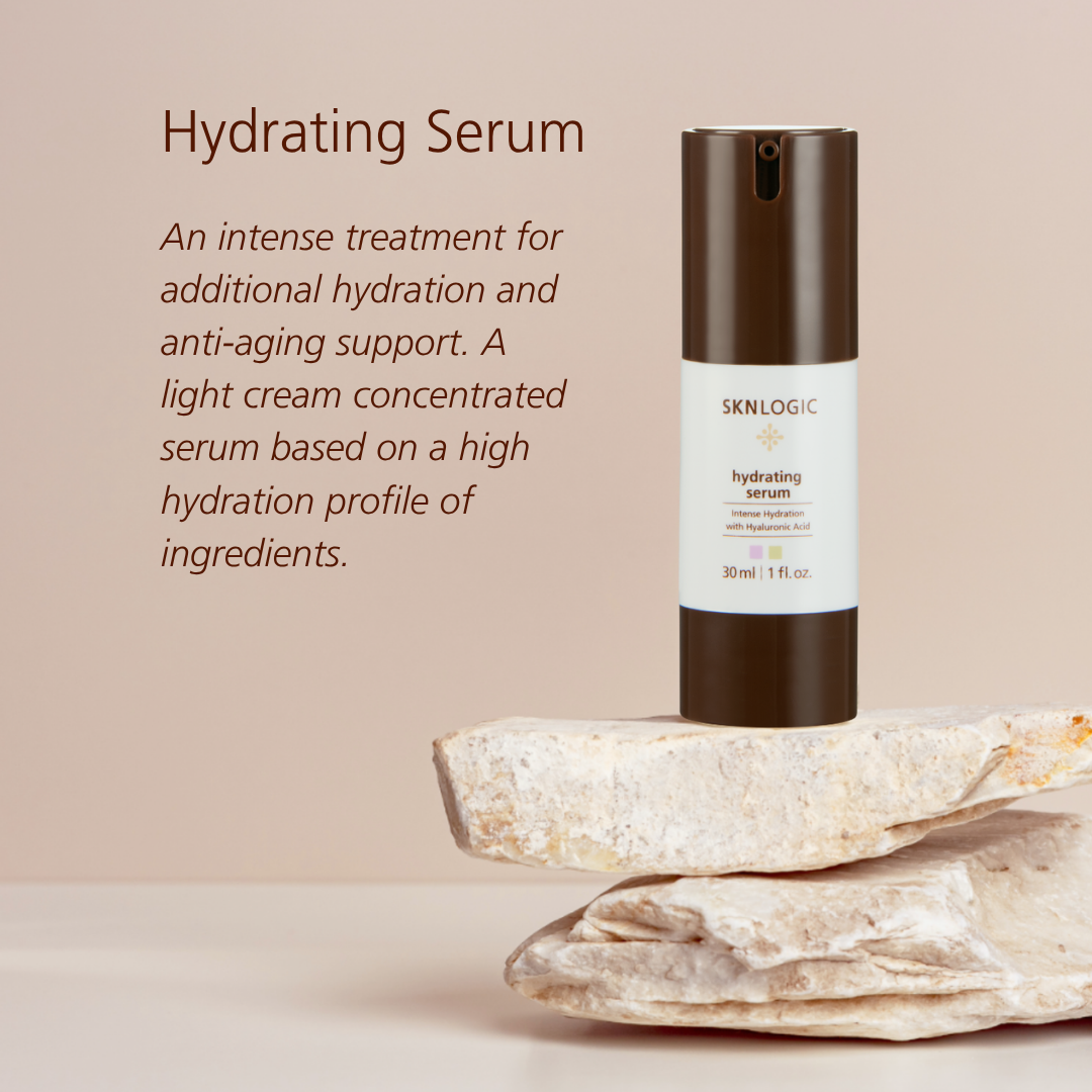 SKN087 SKNLOGIC Hydrating Serum 30ml with Hyaluronic Acid for Dry Ageing Skin | SKINLOGIC Hydrating Serum in a dark brown and white cylindrical bottle, displayed on a stack of natural stones against a warm beige background with descriptive text on the left.