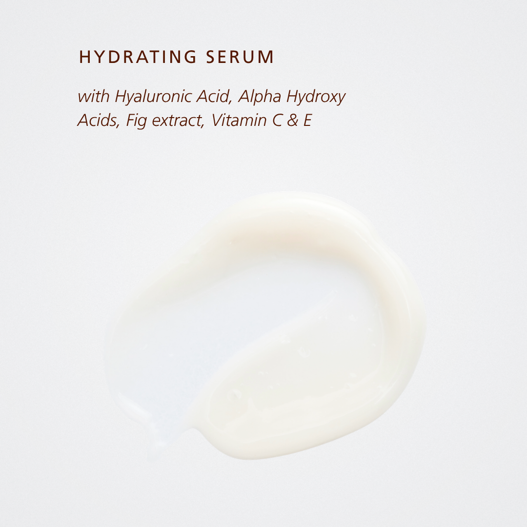 SKN087 SKNLOGIC Hydrating Serum 30ml with Hyaluronic Acid for Dry Ageing Skin | A white cream serum swatch on a light gray background with text reading 'HYDRATING SERUM' and descriptive copy about hyaluronic acid, alpha hydroxy acids, fig extract, and vitamin C & E.