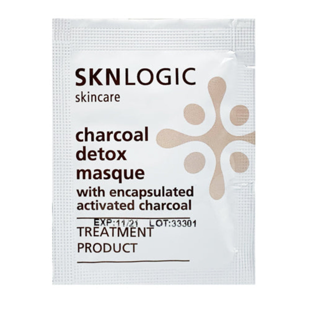A sachet of SknLogic charcoal detox mask sample