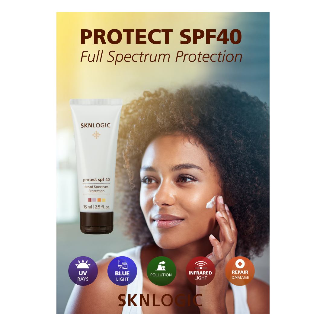 SKN108 | A canvas displaying SKNLOGIC Protect SPF 40 Full Spectrum Protection sunscreen tube shown next to a woman applying sunscreen to her face, with text badges highlighting UV rays, blue light, pollution, infrared light, and repair damage.