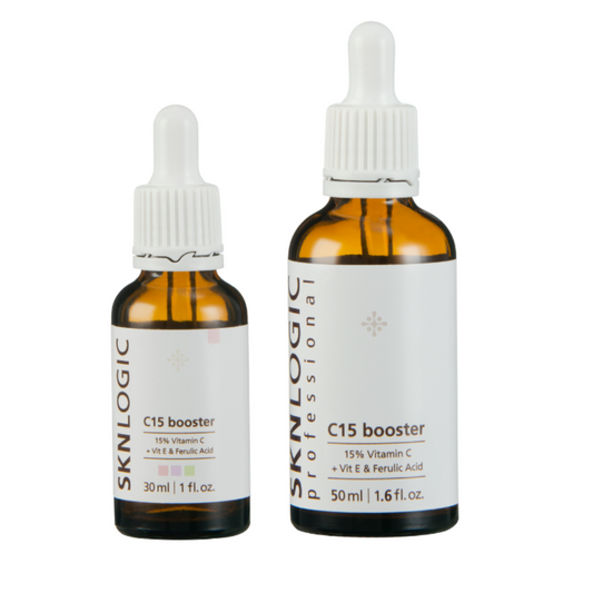 SKN120 SKN121 C15 Booster Serum with Ferulic Acid | Two bottles of SKN Logic C15 Booster, one with a 30 mL label and the other with a 50 mL label, both with white caps and droppers.