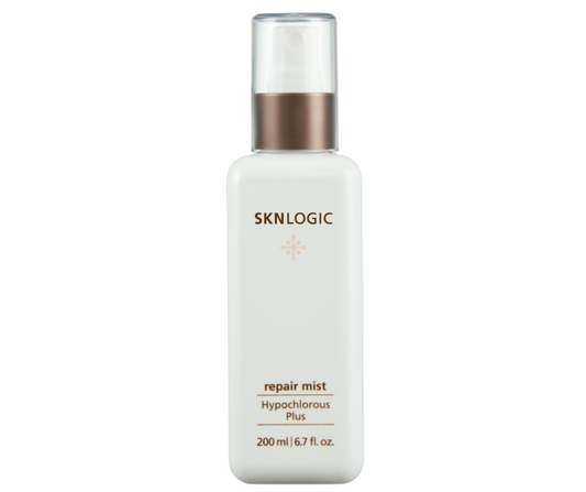 SKN127 SKNLOGIC Hypochlorous Repair Mist 200ml | A bottle of SKNLOGIC Repair Mist, a hypochlorous skincare product in a white bottle with a pump dispenser, labeled for 200ml.