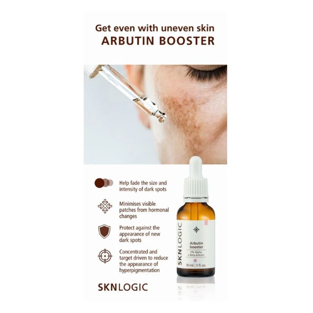 SKNLOGIC Arbutin Booster serum dropper bottle shown on a white background with promotional text and a close-up photo of skin treatment on a person's face.