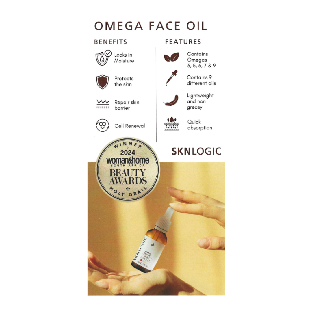 SKN150H SKNLOGIC Omega oil Retail Information Display Card | Promotional graphic for Sknlogic Omega Face Oil, featuring product benefits and features text alongside a photo of hands receiving the oil, with a Woman in the Home 2024 Beauty Awards seal.