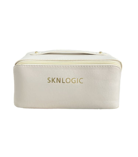 Beige cosmetic bag with 'SKNLOGIC' branding on a white background
