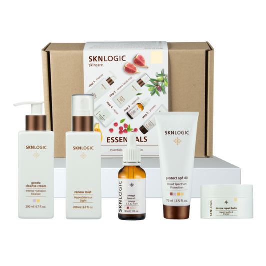 SKNKIT011 Skin Rescue Retail Skincare Kit | SKNLOGIC skincare product set with various bottles and a box on a white background